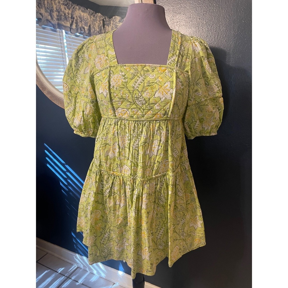 ANNA CATE Tuckernuck Green Floral quilted top Puff Sleeve Tiered Mini Dress XS